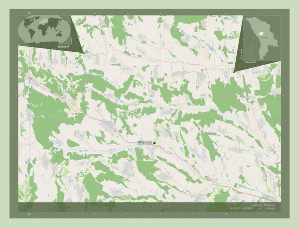カララシ モルドバの地区 ストリートマップを開く 地域の主要都市の位置と名前 コーナー補助位置図 — ストック写真