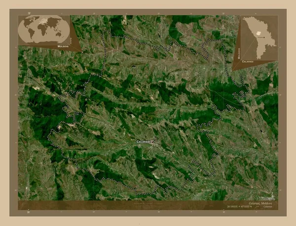 カララシ モルドバの地区 低解像度衛星地図 地域の主要都市の位置と名前 コーナー補助位置図 — ストック写真