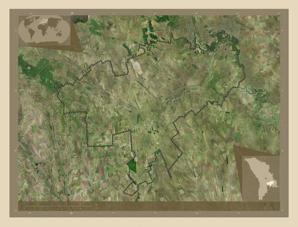 コーゼニ モルドバの地区 高解像度衛星地図 地域の主要都市の場所 コーナー補助位置図 — ストック写真
