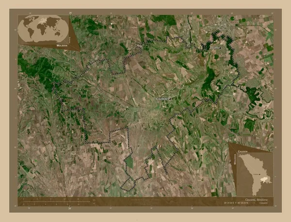 コーゼニ モルドバの地区 低解像度衛星地図 地域の主要都市の位置と名前 コーナー補助位置図 — ストック写真