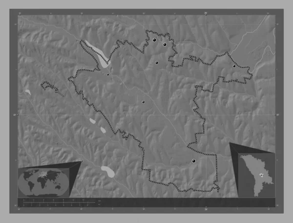基希讷乌 摩尔多瓦市 带湖泊和河流的比尔维尔高程图 该区域主要城市的所在地点 角辅助位置图 — 图库照片