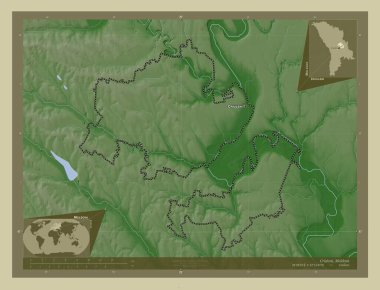 Criuleni, Moldova bölgesi. Yükseklik haritası göller ve nehirlerle wiki tarzında renklendirilmiş. Bölgenin büyük şehirlerinin yerleri ve isimleri. Köşedeki yedek konum haritaları