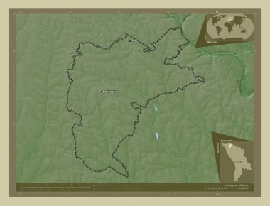 Donduseni, Moldova bölgesi. Yükseklik haritası göller ve nehirlerle wiki tarzında renklendirilmiş. Bölgenin büyük şehirlerinin yerleri ve isimleri. Köşedeki yedek konum haritaları