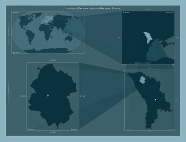 Drochia, Moldova bölgesi. Büyük ölçekli haritalarda bölgenin yerini gösteren diyagram. Katı bir arkaplan üzerinde vektör çerçevelerinin ve PNG şekillerinin bileşimi