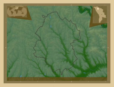 Drochia, Moldova bölgesi. Gölleri ve nehirleri olan renkli yükseklik haritası. Köşedeki yedek konum haritaları