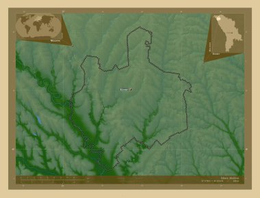 Edinet, Moldova bölgesi. Gölleri ve nehirleri olan renkli yükseklik haritası. Bölgenin büyük şehirlerinin yerleri ve isimleri. Köşedeki yedek konum haritaları