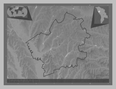 Falesti, Moldova bölgesi. Gölleri ve nehirleri olan gri tonlama yükseklik haritası. Köşedeki yedek konum haritaları