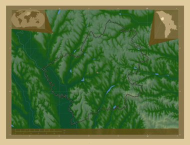 Falesti, Moldova bölgesi. Gölleri ve nehirleri olan renkli yükseklik haritası. Köşedeki yedek konum haritaları
