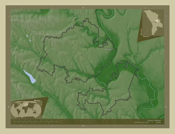Criuleni 地区Of Moldova 用Wiki风格绘制的带有湖泊和河流的高程地图 该区域主要城市的地点和名称 角辅助位置图 — 图库照片