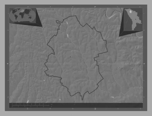 Drochia 摩尔多瓦区 带湖泊和河流的比尔维尔高程图 该区域主要城市的所在地点 角辅助位置图 — 图库照片