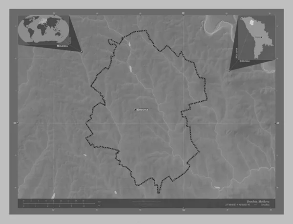 Drochia District Moldova Grayscale Elevation Map Lakes Rivers Locations Names — Stock Photo, Image