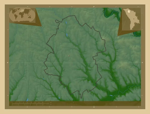 Drochia Dzielnica Mołdawii Kolorowa Mapa Wzniesień Jeziorami Rzekami Pomocnicze Mapy — Zdjęcie stockowe