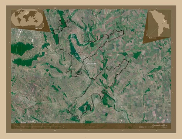 ドバサリ モルドバの地区 低解像度衛星地図 地域の主要都市の位置と名前 コーナー補助位置図 — ストック写真