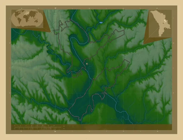 ドバサリ モルドバの地区 湖や川と色の標高マップ コーナー補助位置図 — ストック写真