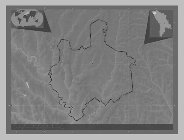 Edinet District Moldova Grayscale Elevation Map Lakes Rivers Corner Auxiliary — Stock Photo, Image