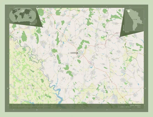エディネット モルドバの地区 ストリートマップを開く 地域の主要都市の位置と名前 コーナー補助位置図 — ストック写真