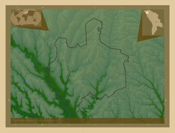 エディネット モルドバの地区 湖や川と色の標高マップ 地域の主要都市の場所 コーナー補助位置図 — ストック写真
