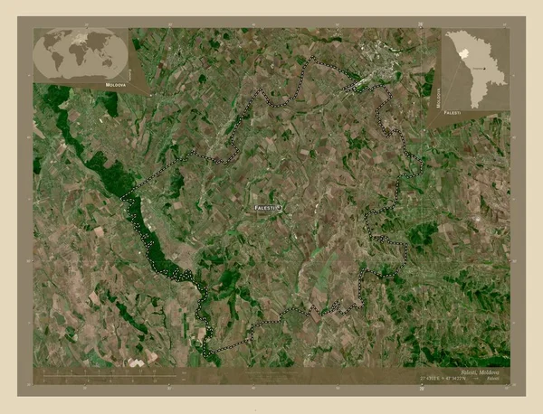 Falesti 摩尔多瓦区 高分辨率卫星地图 该区域主要城市的地点和名称 角辅助位置图 — 图库照片