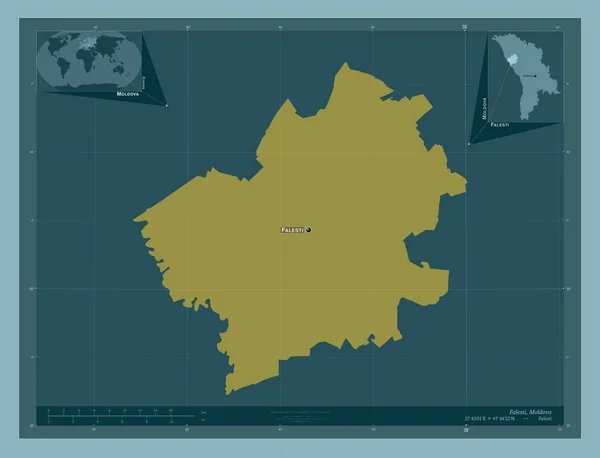 ファレスティ モルドバの地区 しっかりした色の形 地域の主要都市の位置と名前 コーナー補助位置図 — ストック写真
