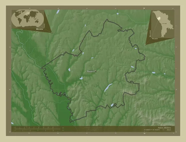 ファレスティ モルドバの地区 湖や川とWikiスタイルで着色された標高マップ 地域の主要都市の位置と名前 コーナー補助位置図 — ストック写真