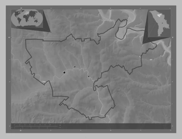 Floresti Kreis Moldawien Graustufen Höhenkarte Mit Seen Und Flüssen Standorte — Stockfoto