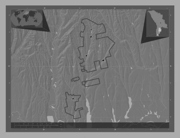 ガガウジア モルドバの自治領 湖や川と二階の標高マップ 地域の主要都市の場所 コーナー補助位置図 — ストック写真