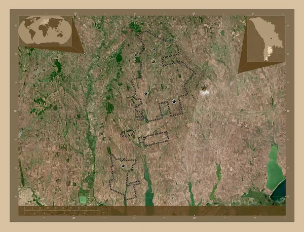 Gagauzia 摩尔多瓦的自治领土 低分辨率卫星地图 该区域主要城市的所在地点 角辅助位置图 — 图库照片