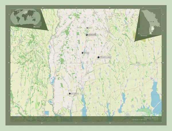 ガガウジア モルドバの自治領 ストリートマップを開く 地域の主要都市の位置と名前 コーナー補助位置図 — ストック写真