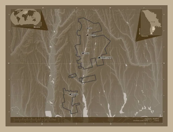 Gagauzia, Moldova özerk bölgesi. Yükseklik haritası sepya tonlarında göller ve nehirlerle renklendirilmiş. Bölgenin büyük şehirlerinin yerleri ve isimleri. Köşedeki yedek konum haritaları