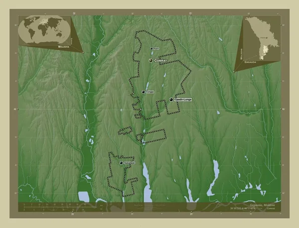 ガガウジア モルドバの自治領 湖や川とWikiスタイルで着色された標高マップ 地域の主要都市の位置と名前 コーナー補助位置図 — ストック写真