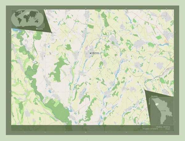 Glodeni 摩尔多瓦区 开放街道地图 该区域主要城市的地点和名称 角辅助位置图 — 图库照片