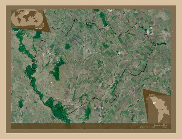 Glodeni 摩尔多瓦区 低分辨率卫星地图 该区域主要城市的地点和名称 角辅助位置图 — 图库照片