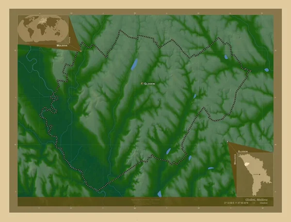 モルドバ共和国の首都 湖や川と色の標高マップ 地域の主要都市の位置と名前 コーナー補助位置図 — ストック写真