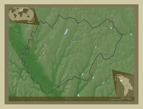 Glodeni Distrito Moldávia Mapa Elevação Colorido Estilo Wiki Com Lagos — Fotografia de Stock