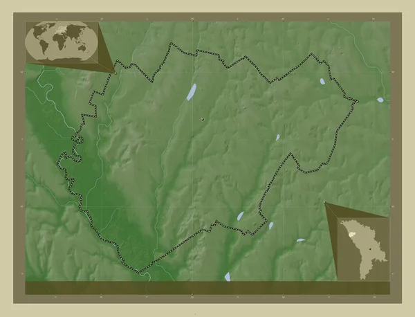 Glodeni 摩尔多瓦区 用Wiki风格绘制的带有湖泊和河流的高程地图 该区域主要城市的所在地点 角辅助位置图 — 图库照片