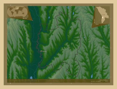 Leova, Moldova bölgesi. Gölleri ve nehirleri olan renkli yükseklik haritası. Bölgenin büyük şehirlerinin yerleri ve isimleri. Köşedeki yedek konum haritaları