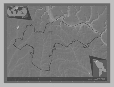 Ocnita, Moldova bölgesi. Gölleri ve nehirleri olan gri tonlama yükseklik haritası. Bölgenin büyük şehirlerinin yerleri ve isimleri. Köşedeki yedek konum haritaları