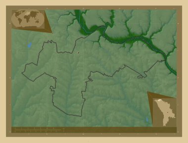 Ocnita, Moldova bölgesi. Gölleri ve nehirleri olan renkli yükseklik haritası. Köşedeki yedek konum haritaları