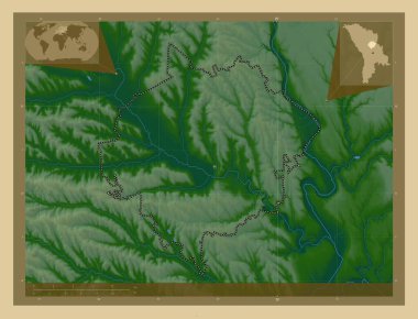Orhei, Moldova bölgesi. Gölleri ve nehirleri olan renkli yükseklik haritası. Köşedeki yedek konum haritaları