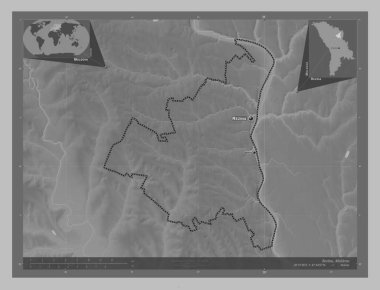 Moldova 'nın Rezina ilçesi. Gölleri ve nehirleri olan gri tonlama yükseklik haritası. Bölgenin büyük şehirlerinin yerleri ve isimleri. Köşedeki yedek konum haritaları