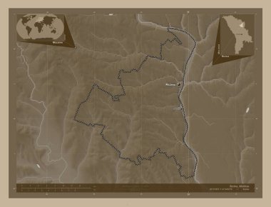 Moldova 'nın Rezina ilçesi. Yükseklik haritası sepya tonlarında göller ve nehirlerle renklendirilmiş. Bölgenin büyük şehirlerinin yerleri ve isimleri. Köşedeki yedek konum haritaları