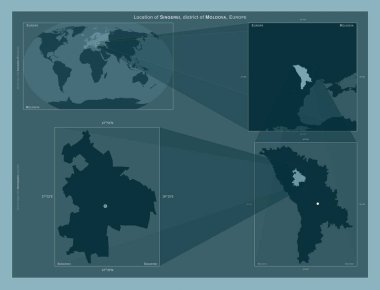 Singerei, Moldova bölgesi. Büyük ölçekli haritalarda bölgenin yerini gösteren diyagram. Katı bir arkaplan üzerinde vektör çerçevelerinin ve PNG şekillerinin bileşimi