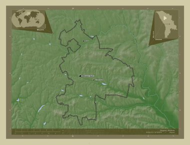 Singerei, Moldova bölgesi. Yükseklik haritası göller ve nehirlerle wiki tarzında renklendirilmiş. Bölgenin büyük şehirlerinin yerleri ve isimleri. Köşedeki yedek konum haritaları