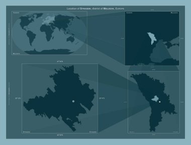 Straseni, Moldova bölgesi. Büyük ölçekli haritalarda bölgenin yerini gösteren diyagram. Katı bir arkaplan üzerinde vektör çerçevelerinin ve PNG şekillerinin bileşimi