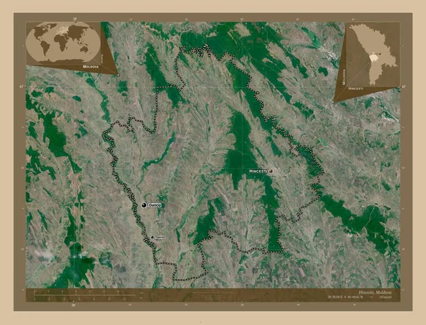 Hincesti 摩尔多瓦区 低分辨率卫星地图 该区域主要城市的地点和名称 角辅助位置图 — 图库照片