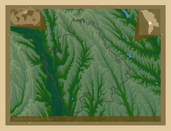 モルドバ共和国の首都 湖や川と色の標高マップ コーナー補助位置図 — ストック写真