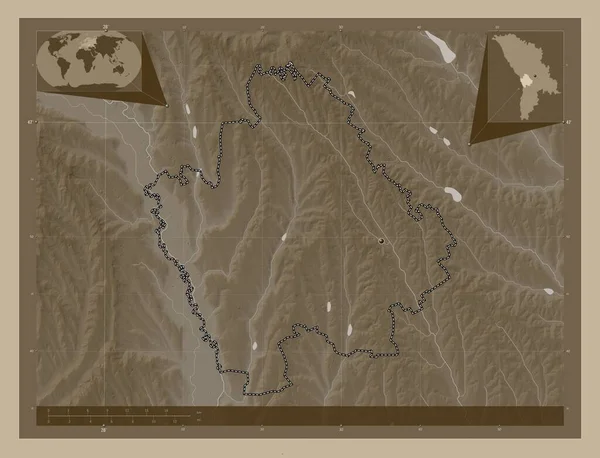 Hincesti 摩尔多瓦区 高程图 用深紫色调涂上湖泊和河流 角辅助位置图 — 图库照片