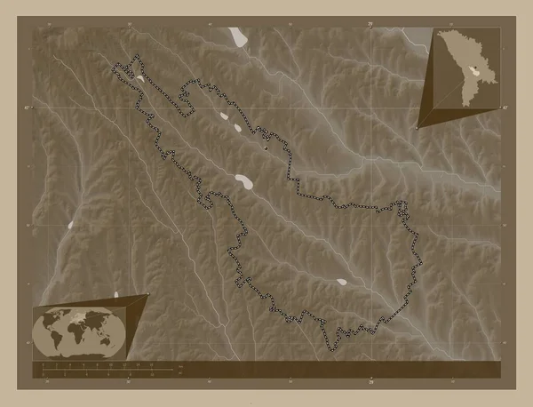 Ialoveni Kreis Moldawien Höhenkarte Sepiatönen Mit Seen Und Flüssen Standorte — Stockfoto