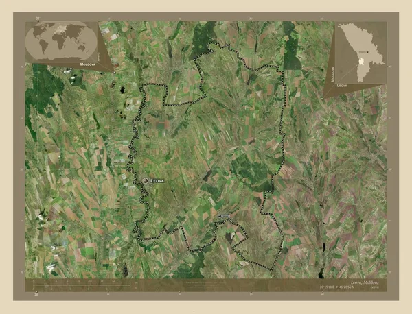 Leova 摩尔多瓦区 高分辨率卫星地图 该区域主要城市的地点和名称 角辅助位置图 — 图库照片