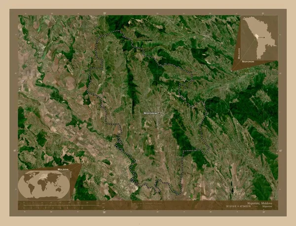 ニスポレンリ モルドバの地区 低解像度衛星地図 地域の主要都市の位置と名前 コーナー補助位置図 — ストック写真